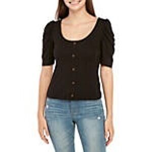 Wonderly Junior's Button Front Puff Sleeve Top Size M Black Color New